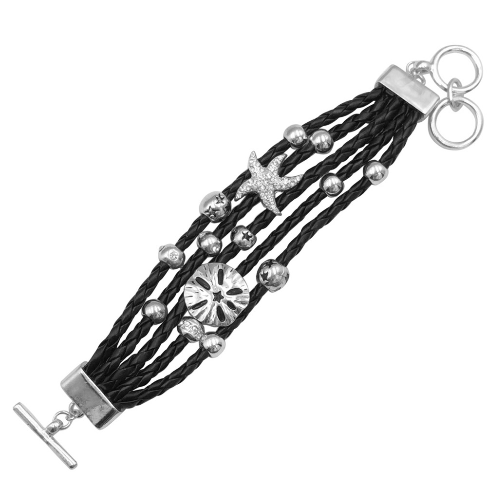 Beach Theme Slide Charm Faux Leather Multi Row Toggle Bracelet
